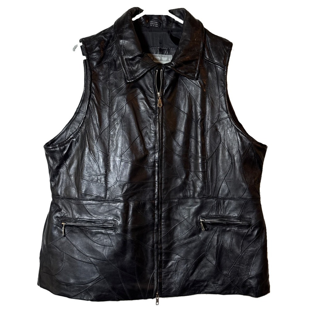 Monroe & Main VTG Womens XL Black Leather Patchwork‎ Vest Zip Front Lined